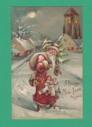 Vintage Tuck Christmas Postcard Santa Claus Dolls Tree Sack Snow Moon Village