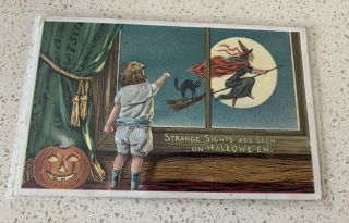 Vintage Halloween Embossed Postcard Black Cat Witch Moon Jol Strange Sights