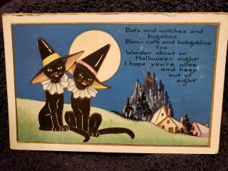 Vintage Whitney Made Halloween Postcard - - Black Cats/witch Hats - - Embossed U.  S.  A.