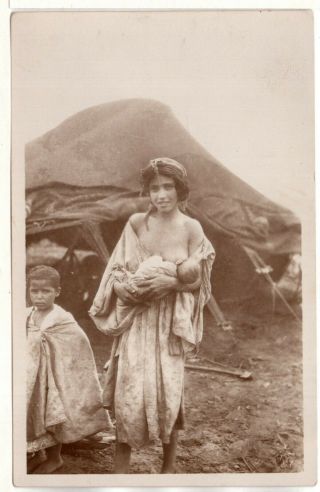 Rppc Refugee Camp Woman Breast Feeding Baby French Sapho Photo Postcard Vintage