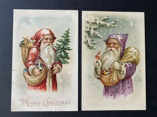 Vintage Santa Postcards (2) A&m.  B.  Series 586 Red,  Purple Robes,  Tree,  Toys