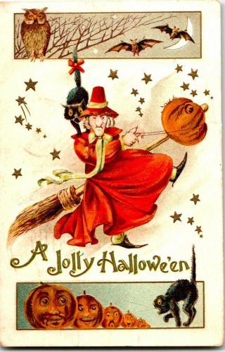S21 2636 Vintage Gottshalk Halloween Postcard 2040 Witch Pumpkin Broom 1908