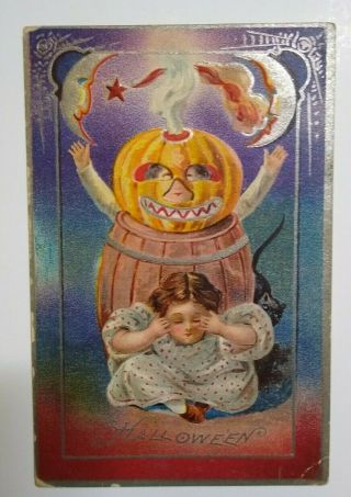 Vintage Halloween Postcard Nash Black Cat Barrel Moons Antique Embossed Series 5