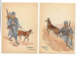 Vintage Hand Painted Wwi Caricature Soldiers With Dogs Postcards 1917 2