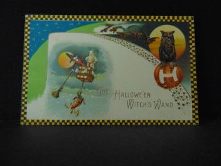 Winsch Witch In Balloon.  Vintage Embossed Halloween Postcard Witches Wand