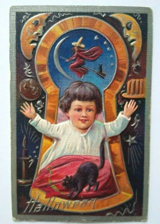 Vintage Halloween Postcard Child Black Cat Moons Witch Nash Keyhole Series 3