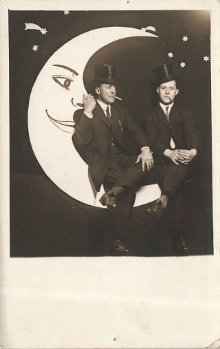 Vintage Postcard Rppc Men Top Hats Smoking Handsome Gay Int Paper Moon Studio