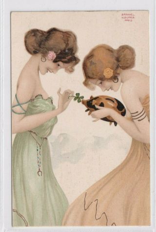 Vintage Postcard Artist Raphael Kirchner " Girls With Good Luck Charms " 1900s