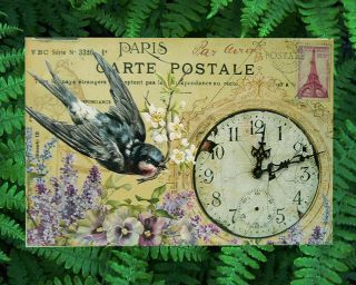 Carte Postale French Postcard Wall Clock Swallow Bird Pocket Watch Vintage Look