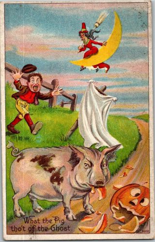 Halloween Pig Eats Jol Witch On Moon Ghost Embossed C1912 Vintage Postcard F35