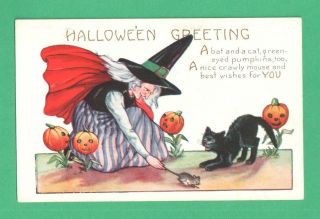 Vintage Whitney Halloween Postcard Witch Mouse Green - Eyed Pumpkins Black Cat