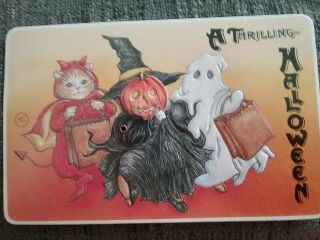 Vintage Mechanical Halloween Postcard Cat W/pumpkin Face - Cute