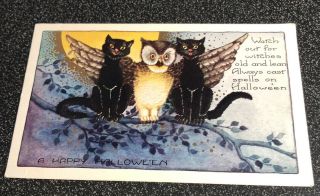 Vintage Whitney Made Halloween Postcard - Owl And Black Cats