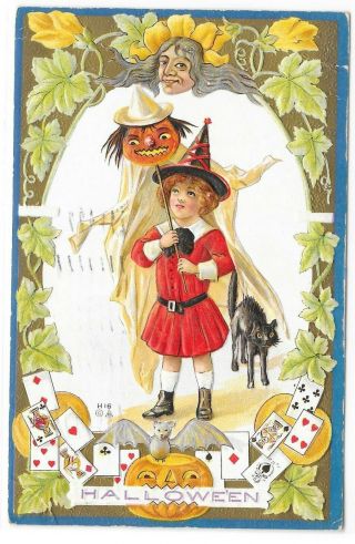 Vintage Halloween Embossed Postcard Black Cat Witch Jol Bat Poker Cards Antique