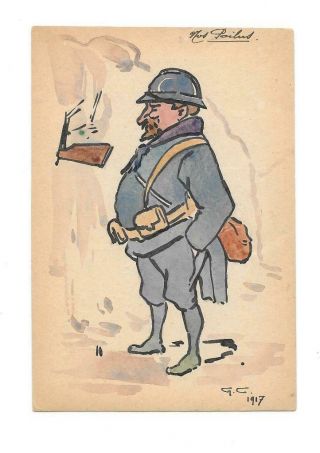 Vintage Hand Painted Wwi Caricature Infantry Bearded Soldier Postcard 1917