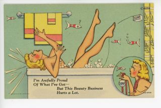 “awfully Proud” Art Deco Nude Woman Bathtub Vintage Linen Pinup 1940s