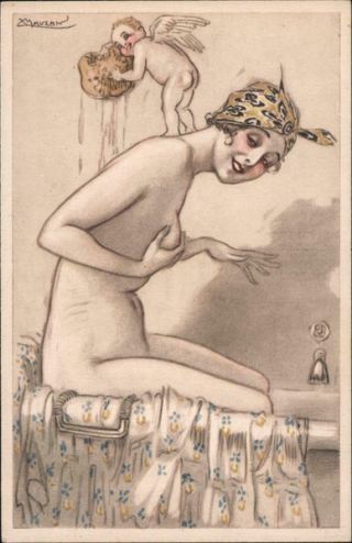 Mauzan Cupid Helping Woman Bathe Gbt Postcard Vintage Post Card