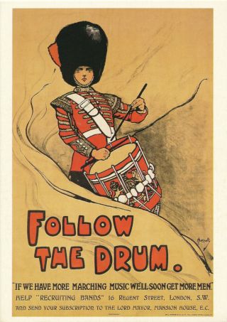 Vintage Advertising Postcard Ww1 Poster Follow The Drum Marching Music More Men