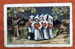 Vintage Antique Postcard Halloween Embossed Children Black Cat White Robes 1900s