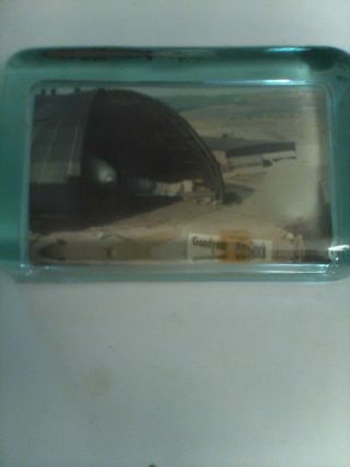 Vintage Glass Paperweight Of Goodyear Air Dock Blimp Hanger In Akron Ohio