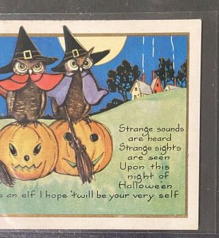 Vintage Whitney Made Halloween Postcard Children Pumpkin Owls Brooms 1928 3