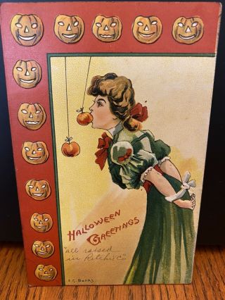 Vintage 1909 Halloween Greetings E.  C.  Banks Women Bobbing For An Apple Postcard
