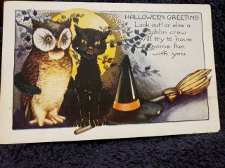 Vintage Whitney Made Halloween Postcard Black Cat,  Owl,  Witch - - Embossed U.  S.  A.