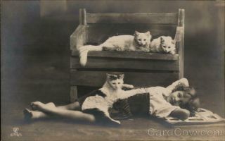 Rppc Young Girl Reclining On Floor With Three Cats Real Photo Post Card Vintage