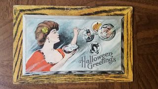 Vintage Young Lady Halloween Post Card Witch Black Cat Jol Suitor Bubbles Ca1910