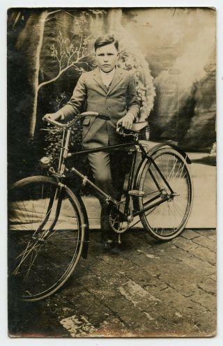 Boy & Bicycle Vintage Photo Postcard