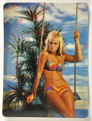 Lenticular Vintage Postcard 3d Stereo Girl In A Swimsuit Riding A Swing 60 - 70s