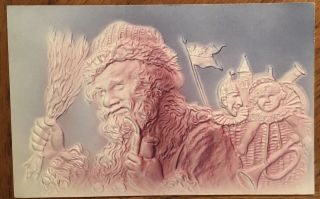 Vintage Christmas Postcard Airbrushed Santa Claus In Pink Coloring,  Bag Of Toys