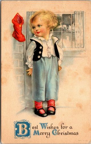 Vintage 1908 Little Boy With Hanging Stocking,  Merry Christmas Post Card