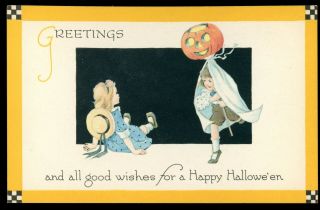 Vintage 1910 Halloween Postcard - Gibson Lines - Pumpkin & Scared Kids Unposted