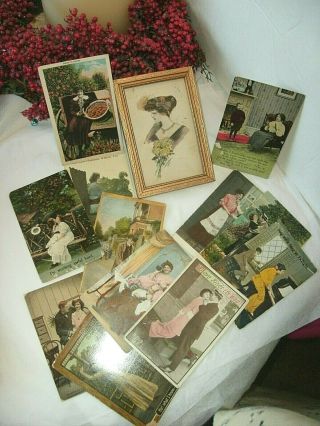 45 Antique/vintage Romantic Post Cards,  1907 - 1925,  One Framed