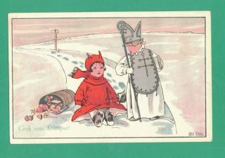 Vintage Anny Tekauz Christmas Postcard Boy - St.  Nicholas Girl - Krampus Basket Snow