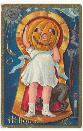 Vintage Postcard Halloween Girl With Pumpkin Head And Black Cat