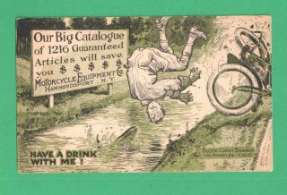 Vintage Comic Advertising Postcard Motorcycle Equipment Hammondsport,  Ny Wreck