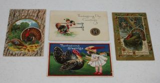 Four Vintage Thanksgiving Postcards Turkey Hupmobile Early 1900s Germany Gibson
