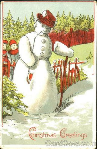 Christmas Snowman 1908 Children Snowman Antique Postcard 1/2 Penny Stamp Vintage