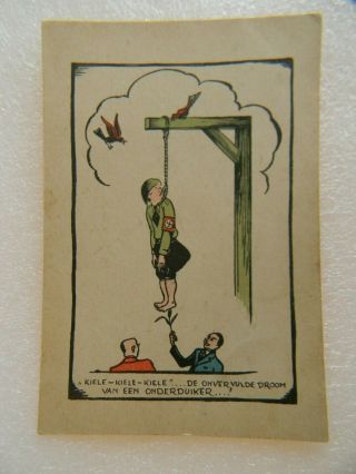 Vintage Wwii Propaganda Dutch Comic Postcard - Tickling Feet Of Hanging Hitler