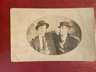 Vintage Real Photo Postcard Rppc Two Men With Pipes 1908 Studio Gay Interest