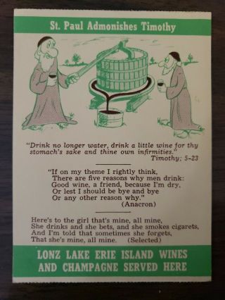 Vintage Lonz Lake Erie Island Wine Comment Card Postcard Middle Bass Ohio Winery