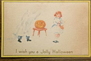 Vintage Wish You A Jolly Halloween Postcard Jol Boy As Ghost Girl Gibson