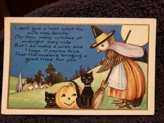 Vintage Whitney Made Halloween Postcard Owl,  Black Cats,  Jol - - Embossed U.  S.  A.