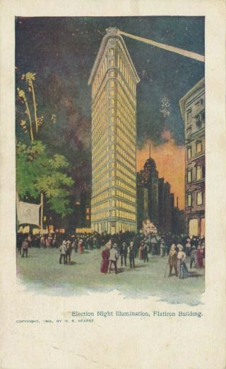 Vintage Postcard - Old Rare Usa 1904 - Election Night Illumination Flatiron Building