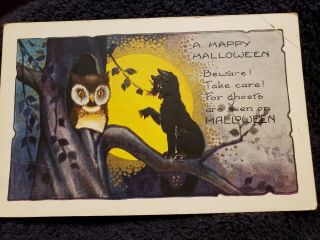 Vintage Whitney Made Halloween Postcard Owl/tree/black Cat - - Embossed U.  S.  A.