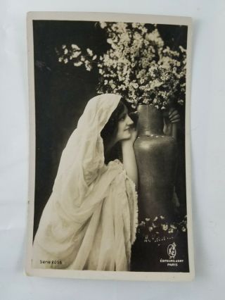 Vintage Real Photo Postcard Dutch Lady In Veil With A Vase 1906?