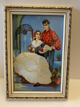 Vintage Embroidered Spanish Dancers Bolero Postcard In Frame
