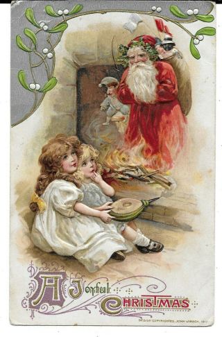 John Winsch Vintage Christmas Postcard Cute Girls By Fire And Red Robe Santa